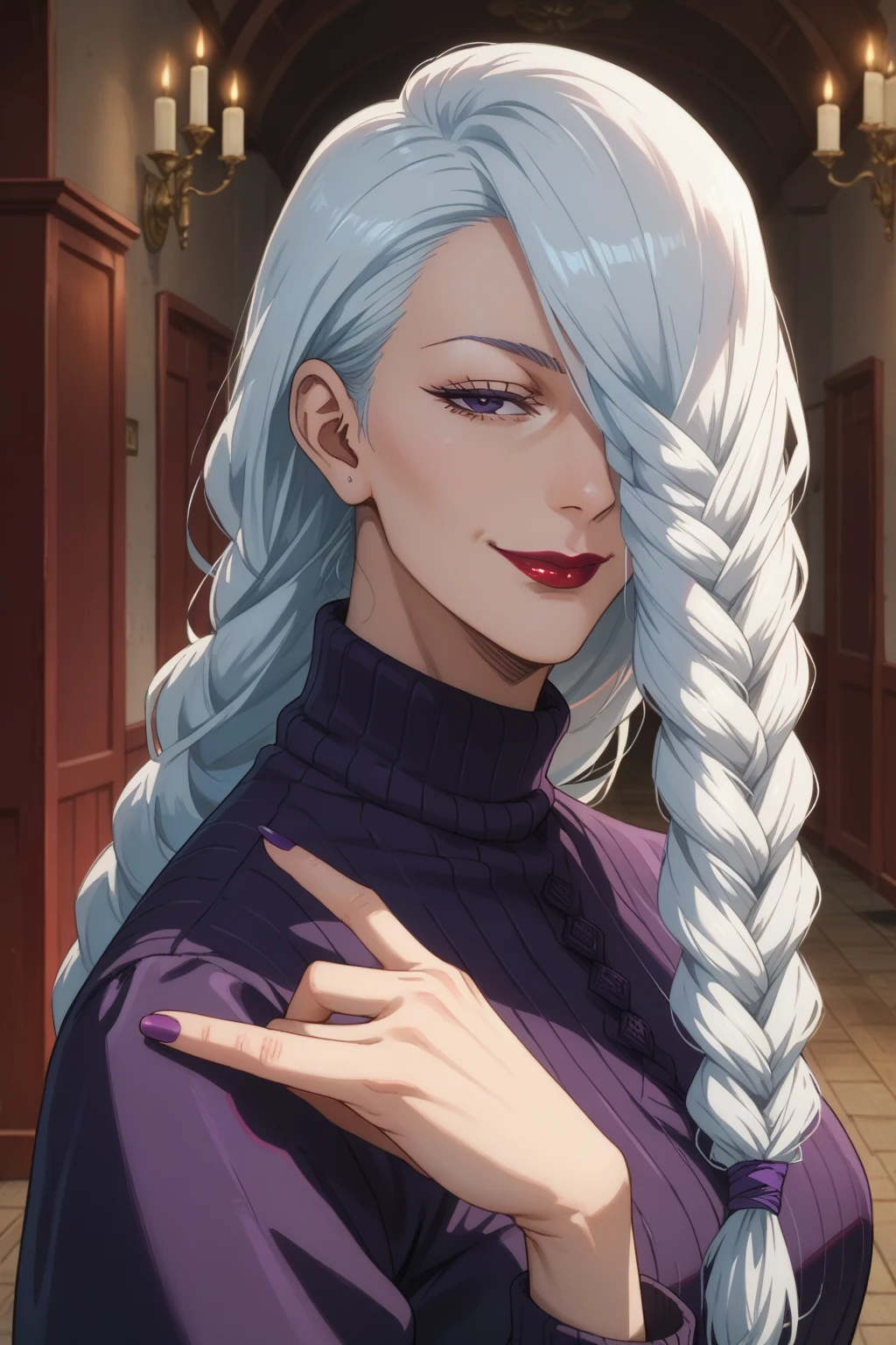 score_9_up, score_8_up, score_7_up 1girl, purple nails, mature female, ChopioMeiMei, white hair, long hair, braided ponytail, front pontytail, purple eyes, braid, hair over one eye, one eye covered, red lips, lipstick, half-closed eyes, looking at viewer, smile, closed mouth, purple nails, standing, posing, side-tie, brown penis, horse testicles, futanari, 50 meter testicles, gigantic testicles