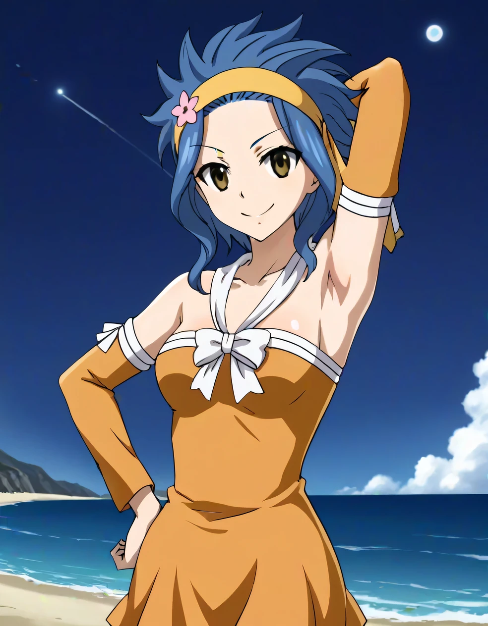 levy mcgarden, brown eyes, blue hair, short hair, sidelocks, hair ornament, dress, bare shoulders, collarbone, flower, detached sleeves, hair flower, strapless, headband, short dress, strapless dress, orange dress, shiny skin, high quality, closed mouth, arm behind head, hand on hip, looking at viewer, smile, solo, (contrapposto), spread armpits, cowboy shot, night sky, beach, best quality