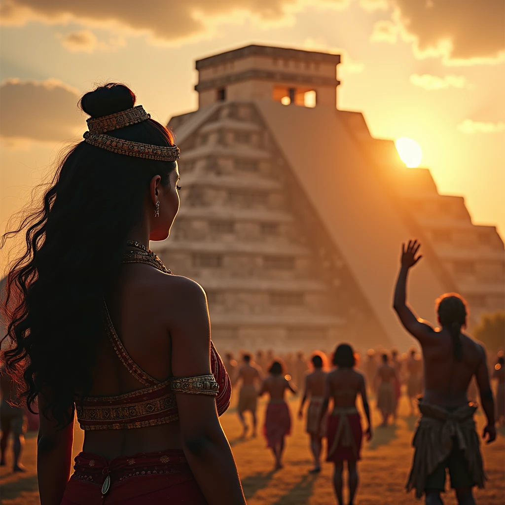 Sunrise in Chichén Itzá . The pyramid of Kukulkán rises imposingly before a clear sky . Akin observes the horizon , with a slight smile on her face .
Near the pyramid , a group of people are grouped around the large structure . Ix Chel , dressed ceremonially , Raise your hand to the sky . Tulan observes with expectation .
the camera zooms out, showing a group of peasants watching the pyramid . One of them, Kalim , marks the shadow that begins to descend the steps of the pyramid .
The shadow of the Kukulkan snake slowly widens up the steps. The sun illuminates the pyramid , while the figure of the snake seems to come to life .
REMEMBER THAT THE CHARACTERS ARE FROM THE MAYAN CIVILIZATION)