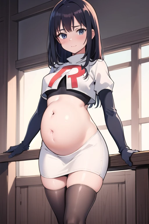 (masterpiece:1.2, best quality), (intricate details), (mature woman, milf), (tall:1.2), anime, solo,mature, team rocket,team rocket uniform,white skirt,red letter R,crop top,black thigh-highs,black elbow gloves, field of depth, cowboy shot, pregnant,