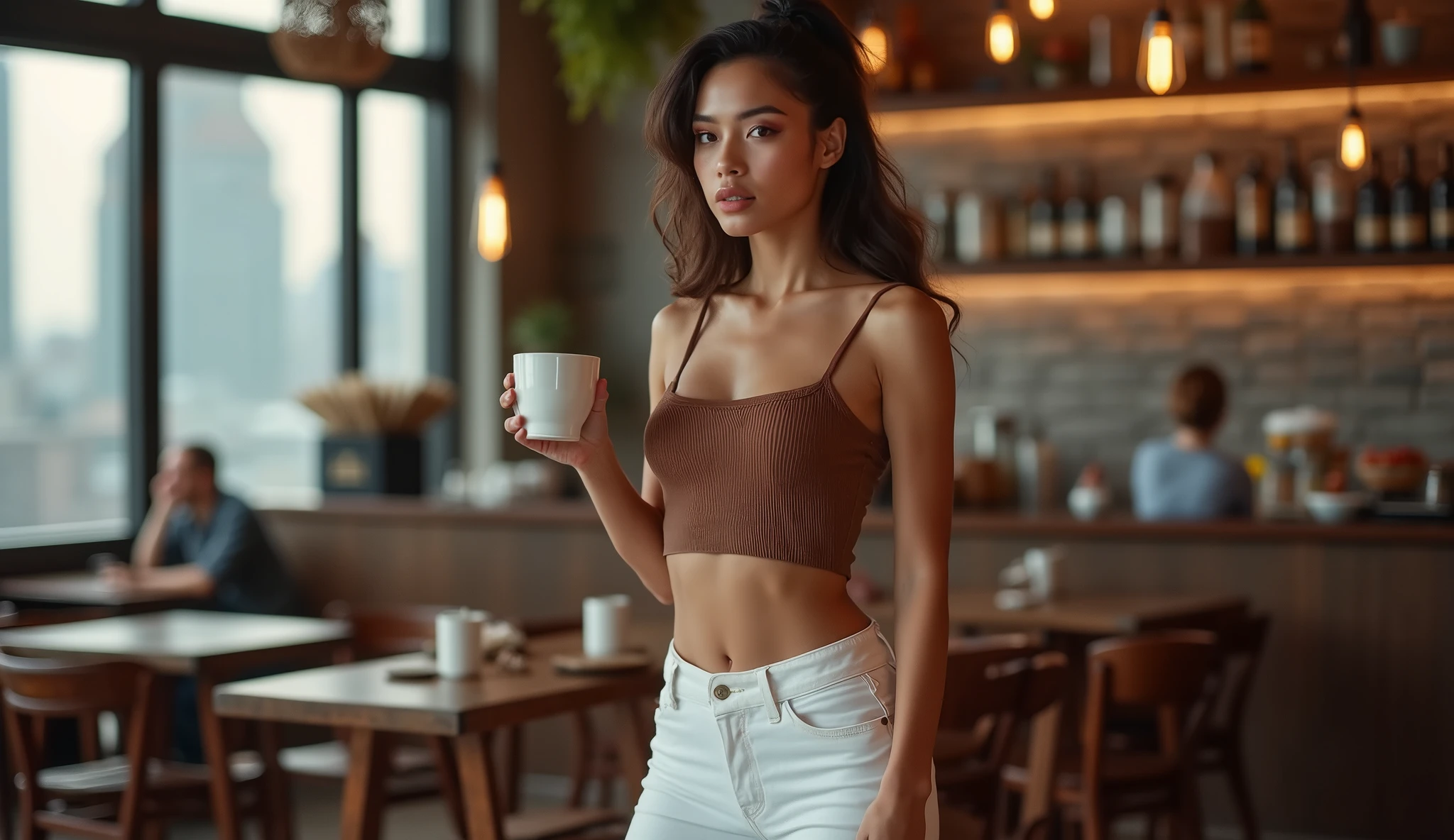 The image shows a beautiful 40-year-old woman with tanned white skin and brown hair, ((((extremely low-cut red tank top)))) and ((((white micro shorts)))), sitting at a table with a cup of coffee and a cell phone, sitting in a cafe, 45-year-old woman, drinking coffee, woman drinking coffee, drinking a coffee, sitting at a table, breakfast in Olímpia São Paulo, sitting alone in a cafe, in a coffee shop, sitting at a mocha-colored table, 35-year-old Brazilian mother. She is wearing an extremely low-cut red tank top.
She is about 40 years old, 165 cm tall and weighs 56 kg. Woman with tanned white skin and dark brown hair. Slim body, thin waist. Highly realistic skin, very elaborate and perfect face. She has a perfect mouth, a perfect face. Slim body, thin waist. Highly realistic, hyperrealism, highly elaborate skin, perfect face. Sharp photo, high resolution, high quality, masterpiece, 16K photo, high contrast, ((Masterpiece, best quality)), full body view, detailed skin, highly detailed, cinematic lighting, ultra realistic, dark brown hair, medium hair, portrait, full body view, contrast, close-up, cinematic light, ultra high resolution, RAW.
Highly realistic, hyperrealism, highly crafted skin, sharp photo, high resolution, high quality, masterpiece, 16K photo, high contrast, masterpiece, nude, naked, NSFW.