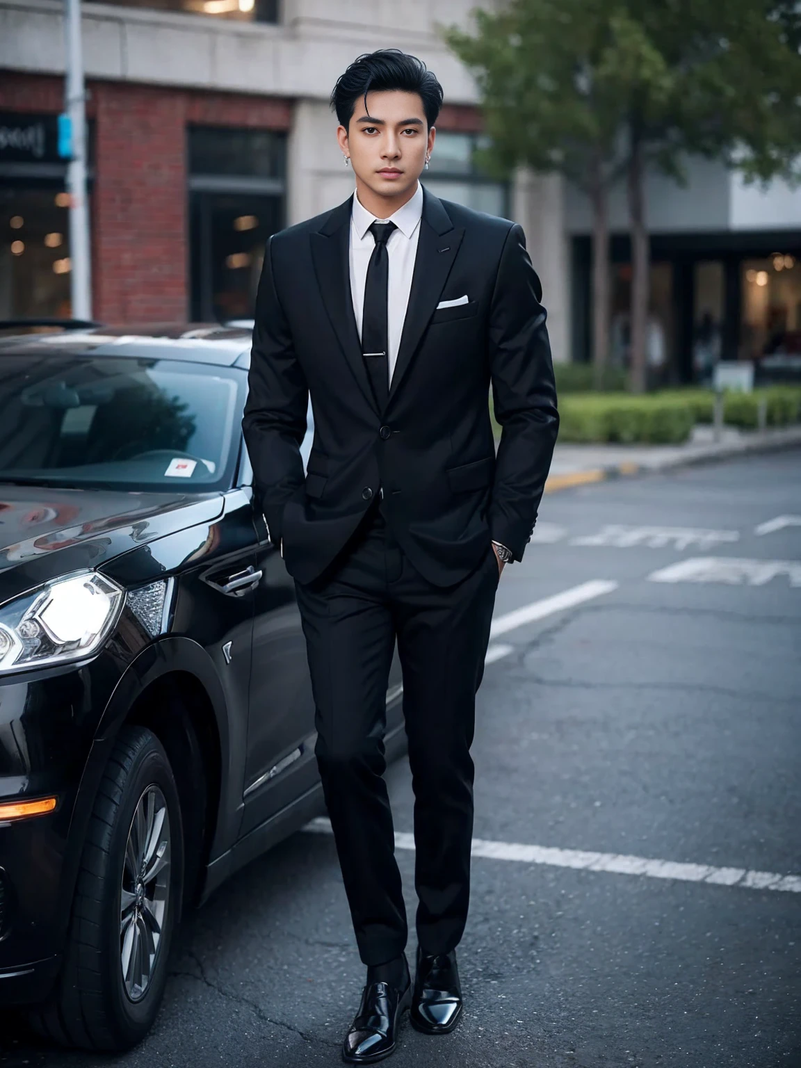 sd mai, Suit thug, watch, 1boy, jewelry, male focus, solo, car, necktie, wristwatch, blurry, ring, blurry background, shirt, hand in pocket, formal, black hair, black necktie, looking at viewer, collared shirt, motor vehicle, pants, ground vehicle, suit, outdoors, facial hair, earrings, black pants, necklace, black jacket, jacket, long sleeves
