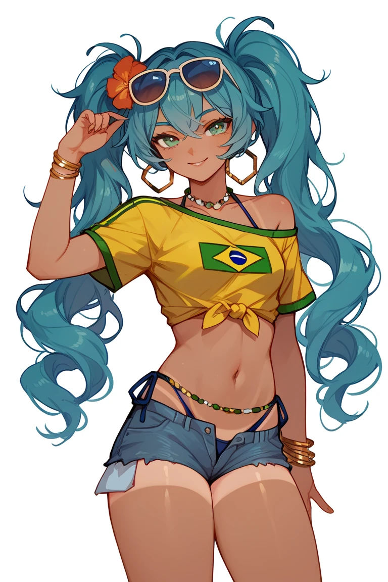 hair flower, hoop earrings, eyewear on head, necklace, yellow shirt, midriff, jewelry, belly chain, bracelet, bikini under clothes, side-tie bikini bottom, short shorts, denim, single bare shoulder, side tie, tied shirt, brmeek, twintails, very long hair, dark-skinned female, tanlines,brazilian flag print,