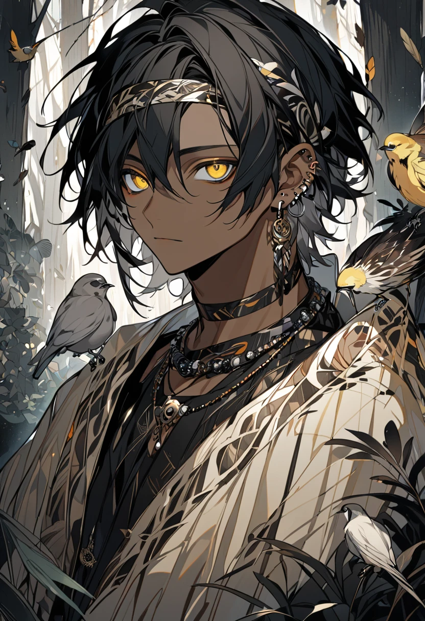 A black boy with tribal clothing and owl-like wings and a coat of yellow feathers, and a golden look