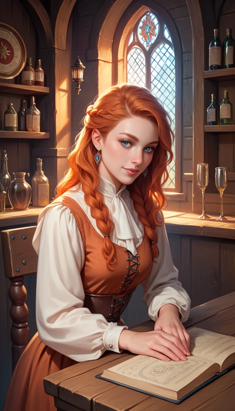 ginger woman in a cozy warm 17th century tavern, art by Charlie Bowater, ultra high quality