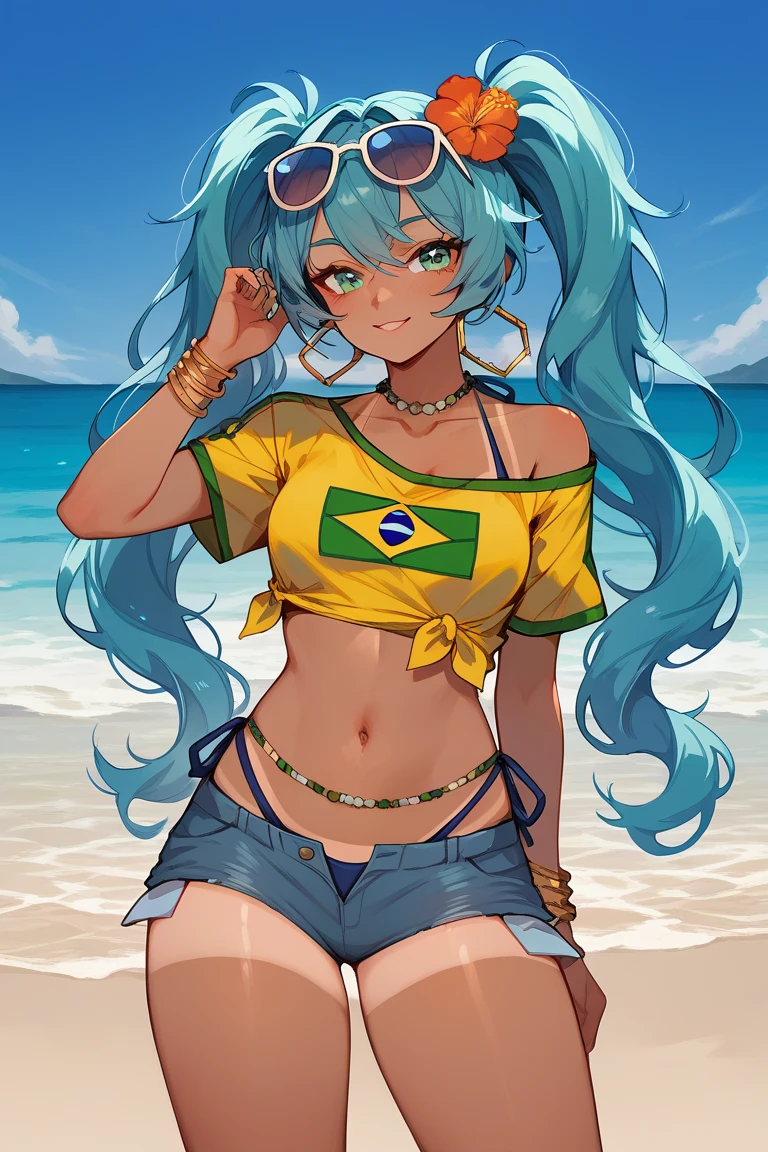 hair flower, hoop earrings, eyewear on head, necklace, yellow shirt, midriff, jewelry, belly chain, bracelet, bikini under clothes, side-tie bikini bottom, short shorts, denim, single bare shoulder, side tie, tied shirt, brmeek, twintails, very long hair, dark-skinned female, tanlines,brazilian flag print, on beach, 