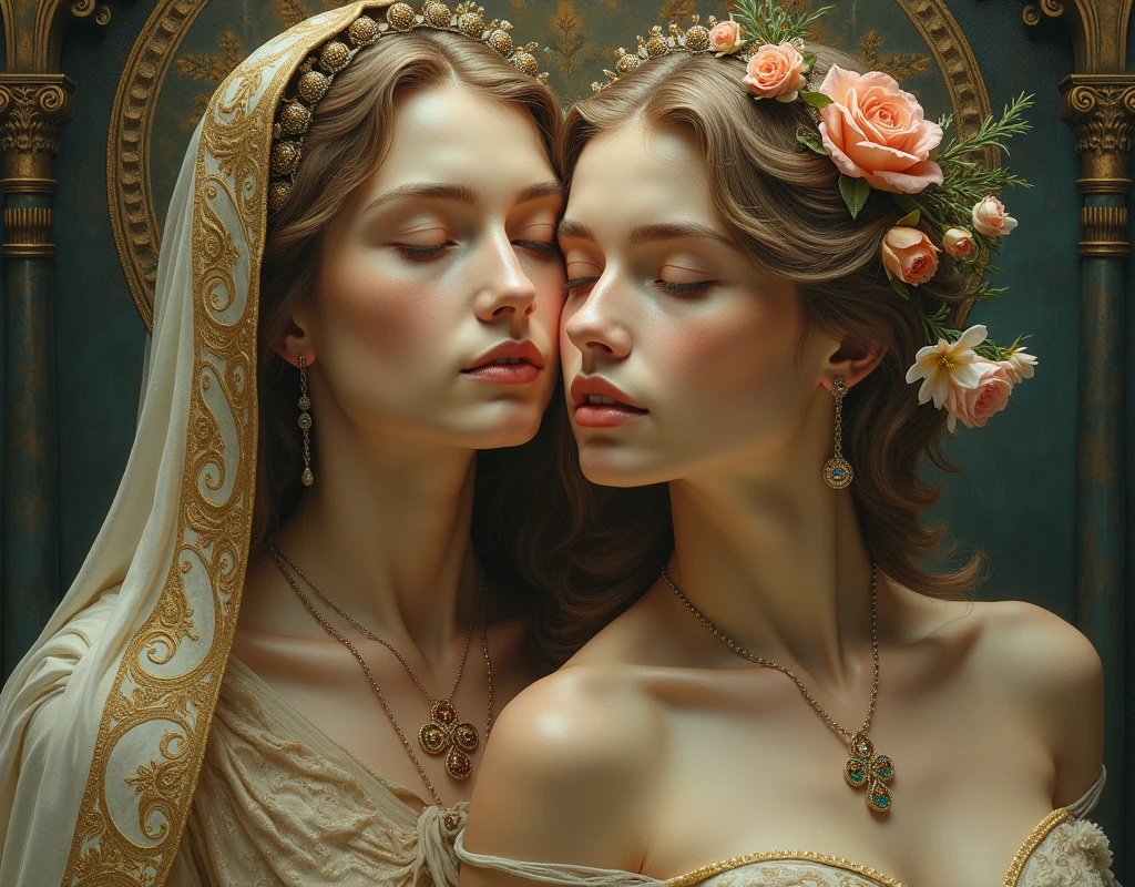 (masterpiece, best quality:1.5), oil painting by Leonardo da Vinci and Alfons Maria Mucha, perfect anatomy, two gorgeous and stunning pale-skinned young pregnant goddesses is deeply in love with each other, kiss, fantastic make-up, jewelry, flower