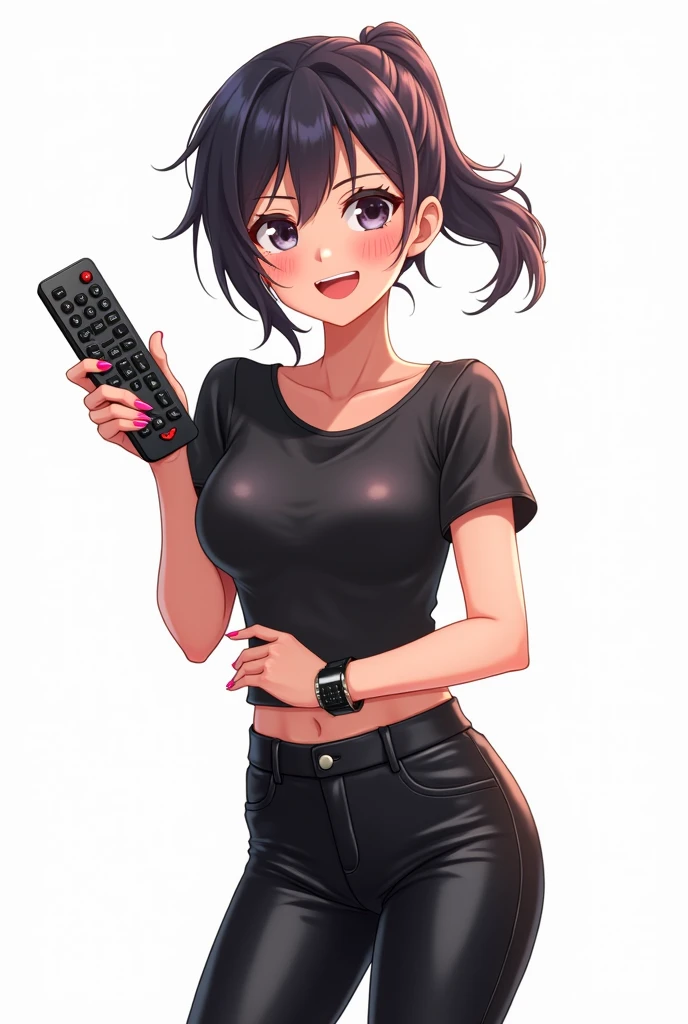 Stylish curvy woman, thicc White girl, choker collar, secretary outfit, Beautiful face, long black hair, freckled face, front tooth gap, In her late 20's. (trapped inside "automated tickling device") feathery brushes in her underarms. She is inside a large machine. Eyeshadow, Restrained by leather straps and padding, arms restrained above her head, armpits shown. She wears tight skirt and an unbuttoned blouse, her body immobilized by straps and padding. Tickled by mechanical ticklers. Laughing in pleasure, tickled silly, automated tickling, automated hands touch her upper body.