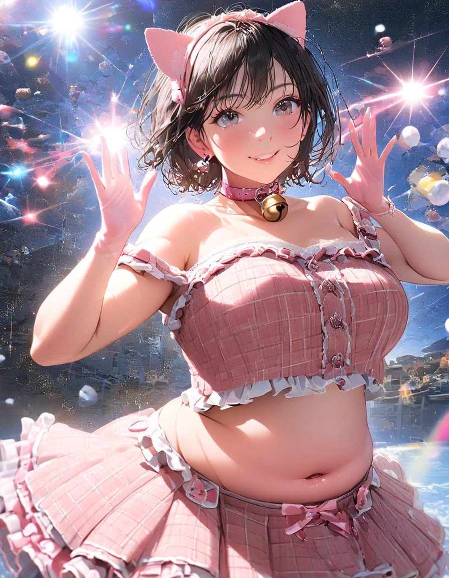 Tsundere、Gal、Bokeh, depth、Portraiture、Lens flare、Detailed illustrations、Realistic depiction、Depiction of everyday life、((worst quality, low-quality)), ((a closeup)), (girl with:1.2), (big breasts), (A dark-haired, short-cut:1.3), (Dynamic Pose:1.2),plump shiny lips, Beautiful clear eyes, (The best smile), Spoken Heart, (perfect hand:1.2), (pink and white theme:1.5), (fake pink cat ears:1.4), (tweed pink strapless short camisole with lace-up:1.4), ((bare shoulder, navel, bare belly):1.3), (shoulder strap with ruffles:1.4), (tweed micro pink tiered skirt with ruffles:1.4), (white pantyhose:1.2), (pink choker with bell:1.3), (earrings with bell:1.2), (pink heeled pumps:1.1),low angle shot, masutepiece,Best Quality,ultra-detailliert, ​masterpiece,low angle shot, masutepiece,Best Quality,ultra-detailliert, ​masterpiece,