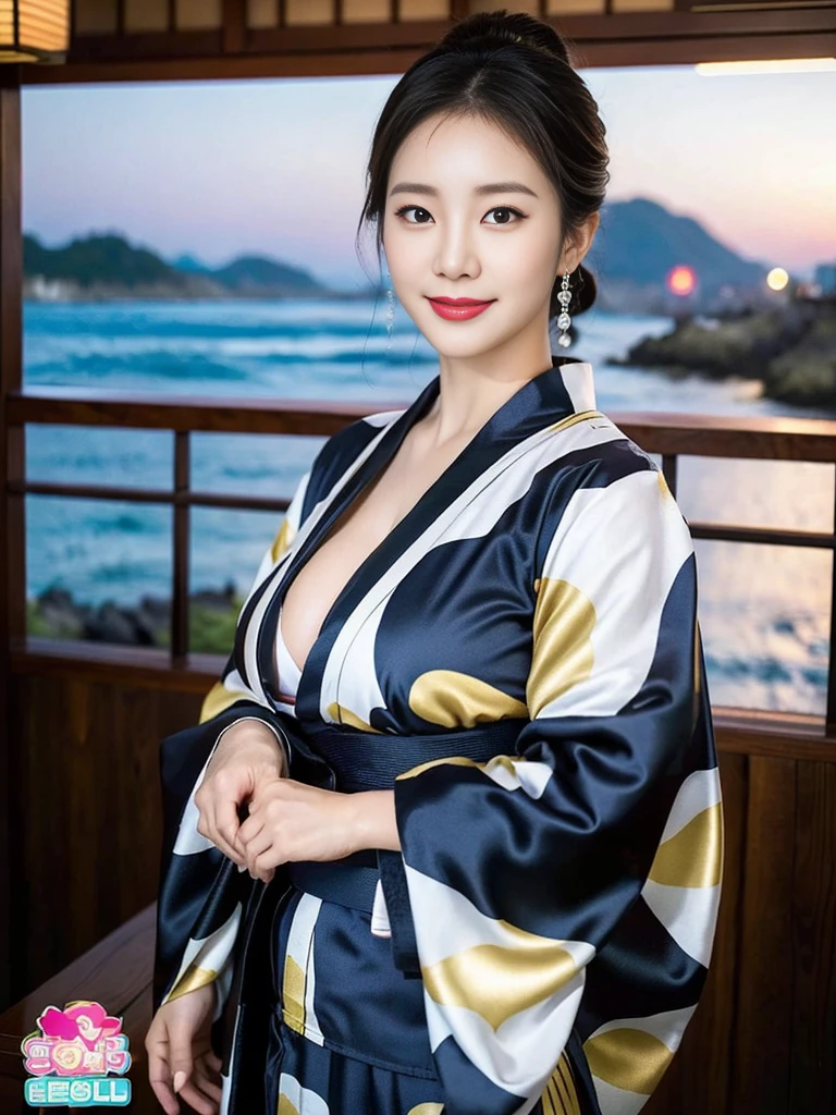 ( A super cute Korean aunt is standing wearing a kimono:1.3)(Grinning:1.1)( sweaty skin:1.2)(16k,  RAW Photos,  best quality, masterpiece: 1.2),(艶やかな sweaty skin:1.3)  super detailed,  ultra-resolution, (Genuine, Genuine photos: 1.37), Portraiture,  high-resolution RAW color photo ,  professional photos,  very detailed, 8k wallpaper,  very detailed CG Unity 8k wallpaper,  very detailed beautiful girls,  very detailed faces, ((whole body)), beautiful woman,  huge breasts,(huge boobs:1.1) ( big boobs:1.1), Beautiful college student (Sexy long-sleeved kimono),Yukata, Korean,(milf), (Beautiful mature)(Beautiful office lady:1.1)(Midnight seaside fireworks display :1.2)(51 years old)gal,Gal,Heavy makeup(Sweaty skin:1.2)(Shiny tied ponytail hair)(from side)Luxury Necklace,Furisode,Yukata, kimono(NSFW)beautiful legs