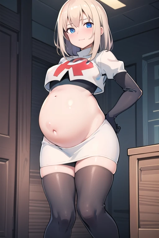 (masterpiece:1.2, best quality), (intricate details), (mature woman, milf), (tall:1.2), anime, solo,mature, team rocket,team rocket uniform,white skirt,red letter R,crop top,black thigh-highs,black elbow gloves, field of depth, cowboy shot, pregnant,