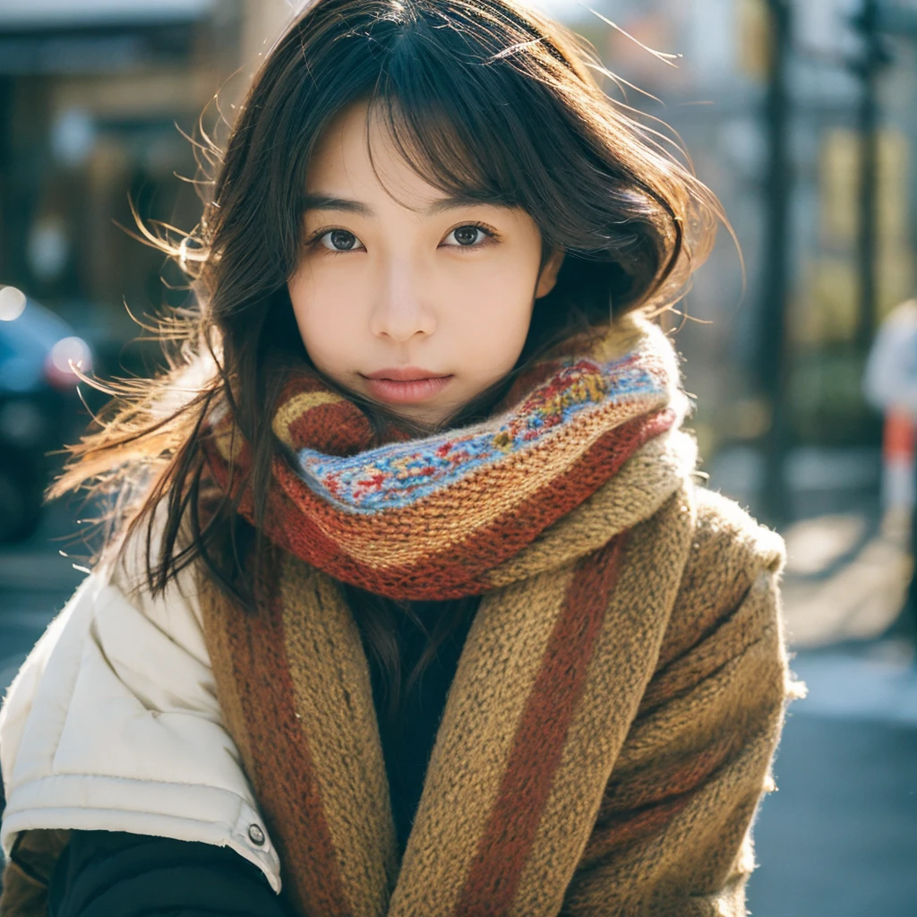 A hyper-realistic image of a single Japanese woman in her early 20s, captured with the nostalgic warmth and subtle graininess of a film camera. She is wearing a casual winter outfit featuring a vibrant, colorful jacket with visible textures and layers that suggest warmth and style. The focus is on her from the shoulders up, ensuring her casual yet lively attire is subtly visible. Her skin is natural with a slightly rough texture, showing visible pores, fine lines, and small imperfections that add authenticity. The soft, diffused natural light highlights the realistic texture of her face while casting gentle, natural shadows. Her black eyes, deep and expressive, reflect the ambient light, adding depth and emotion. Her straight, slightly tousled black hair frames her face naturally, with a few strands softly moving in the winter breeze. The film camera effect introduces a gentle graininess, giving the image a nostalgic and organic feel. The overall composition evokes a sense of lively charm and natural beauty, with the focus on her understated elegance and colorful winter style.