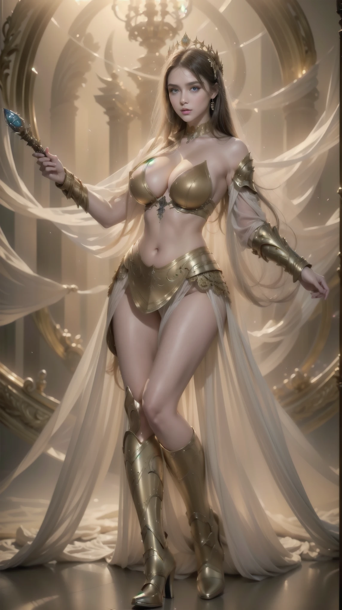  Woman in a transparent gold dress,See the viewer,(((Huge , large neckline))), thin waist ,(belly button exposed,bare waist),  long hair, ultra-detailed details, High-quality Zhenyi Station , Storm location, detailed fantasy art, impressive character art,  Beautiful and exquisite character art , beautiful gold and silver armor ,  extremely detailed , Girl in shining armor , Exquisite tiaras and jewelry, Crystal Jewelry Filigree , Milky Way,  stunning visuals , ( dynamic stripes , light trails:1.2),  VIBRANT COLORS , body proportions, (Chapped lips:1.4), (blush de nariz:1.2), foreshortening, black cuts, (eye contact), High contrast, ultra high resolution, high resolution, detailed, Clean face,  (  face :1.5), (big purple eyes:1.2), ( Ultra-detailed eyes :1.4), ( High-resolution eyes :1.1), ( ultra detailed skin texture :1.4), PERSEPHONE, Persephone, Persephone, (SFW:1.5),  (full body:1.8), (upper body up:0.3), (hyper realistic:1.4), (realistic:1.3), (best quality real texture skin), Detailed eyes, detailed face,
