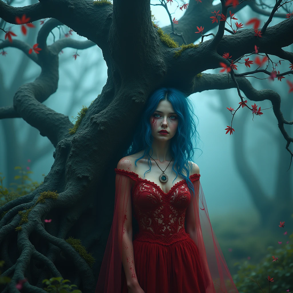 A woman, hauntingly beautiful and enigmatically dark, embodies the mysterious aura of the hingabana flower. She has delicate, otherworldly features, with long, flowing hair that resembles strands of shadow interwoven with deep crimson highlights, reflecting the exotic and ominous tones of the flower. (((A woman with long black and red hair 1.75))) (((hypnotically beautiful and unsettling))), her skin is pale and translucent, like the mist enveloping the nocturnal fields where the flower thrives, creating a striking contrast with the darkness of her hair.

She stands in a secret garden, shrouded in thick fog, with moonlight filtering through the trees, casting an ethereal glow upon her. Her gown is a fluid, jet-black fabric with red accents that seem to move like shadows, flowing around her with a spectral grace. Her eyes are a deep, opaque red, like dark rubies, exuding a haunting, penetrating intensity.

8K, her presence is ethereal and enigmatic, extremely detailed, (high quality, realistic, photorealistic: 1.37), with ideal proportions and smooth, luminous skin, meticulously crafted features, haunting beauty, perfection, artistic art, vivid realism, hyper-detailed sculpting, realistic shapes, truly inspiring, impeccable craftsmanship, pure brilliance, supernatural beauty, delicate yet chilling contours, striking poses, sublime elegance, subtle nuances, dynamic compositions, perfect lighting, unsettling expressions, spectral aura, majestic presence, nightmarish atmosphere, unmatched detailed high octane rendering trending on artstation, 8k art photography, photorealistic concept art, cinematic volumetric soft natural light, chiaroscuro, award-winning photography, fine art, oil on canvas, beautiful, detailed, intricate,