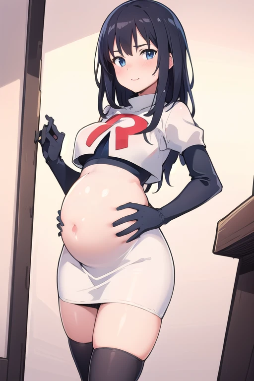 (masterpiece:1.2, best quality), (intricate details), (mature woman, milf), (tall:1.2), anime, solo,mature, team rocket,team rocket uniform,white skirt,red letter R,crop top,black thigh-highs,black elbow gloves, field of depth, cowboy shot, pregnant,