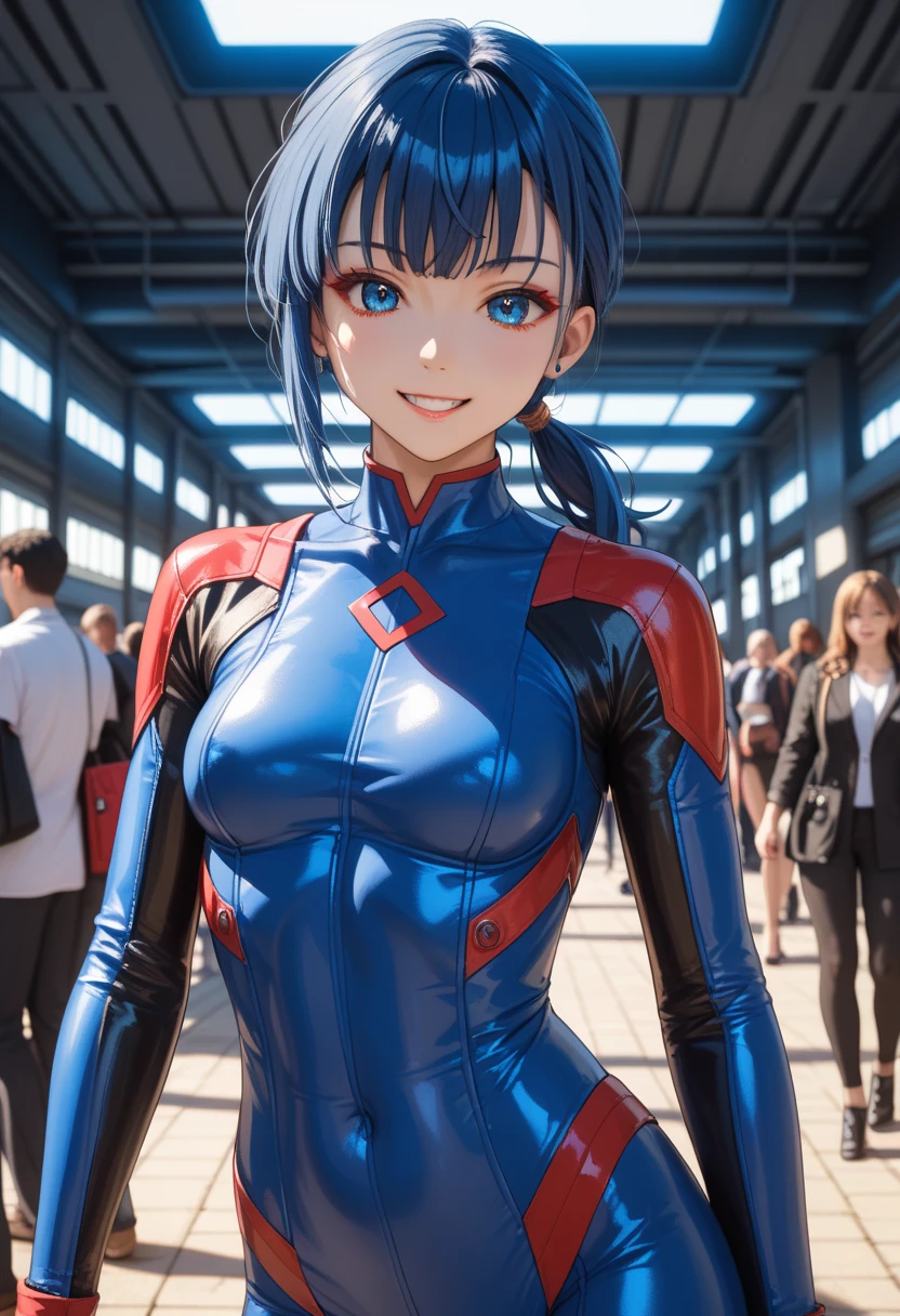 highest quality、Realistic、Women、zoom、Cobalt blue eyes、maroon short hair、Hero Suit、Glossy white bodysuit、Blue and gold accents、slender、Dark Skin、Small breasts、Rooftop、An inappropriate smile、Bust Shot、