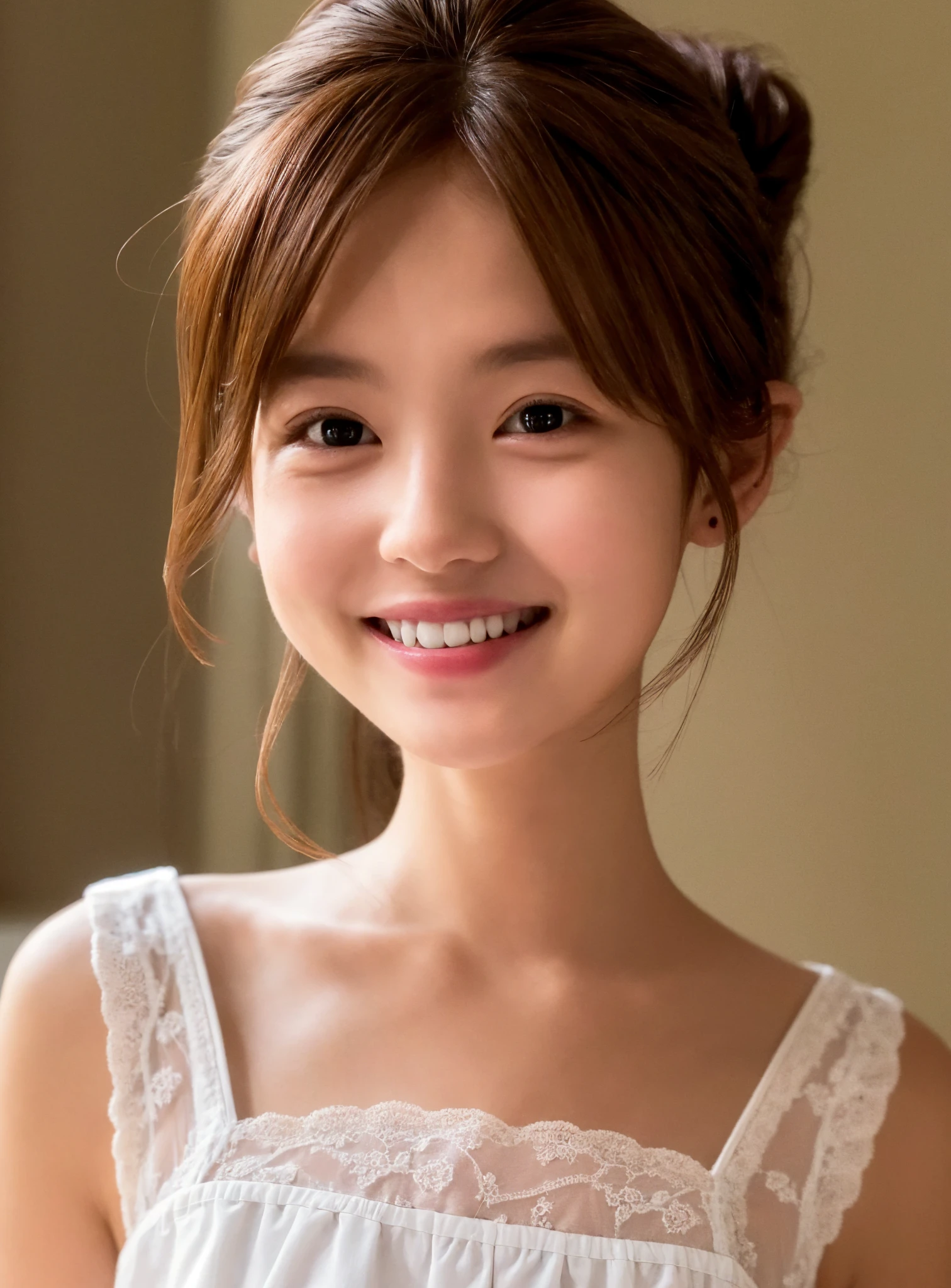 Maid,cute pretty girl,masterpiece,high definition,4k,8k,16k,chignon hair,brown hair,skinny,thin body,smile