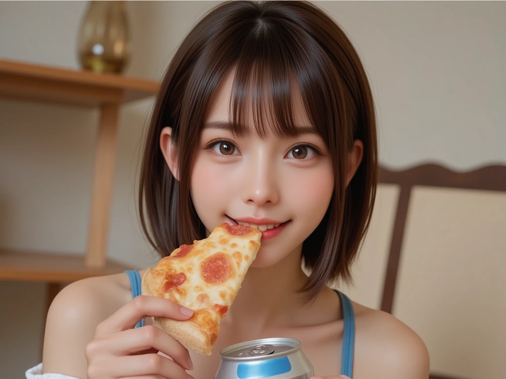 of、 eating pizza with a can of beer in one hand in the room、sitting on floor、 camisole 、Sweatpants、Glasses、Shot from under the table 、 angle to look up、Slender and small-breasted 、Very short hairstyle、masterpiece、 High Quality、 photorealistic 、