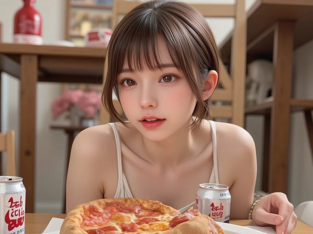 of、 eating pizza with a can of beer in one hand in the room、sitting on floor、 camisole 、Sweatpants、Glasses、Shot from under the table 、 angle to look up、Slender and small-breasted 、Very short hairstyle、masterpiece、 High Quality、 photorealistic 、