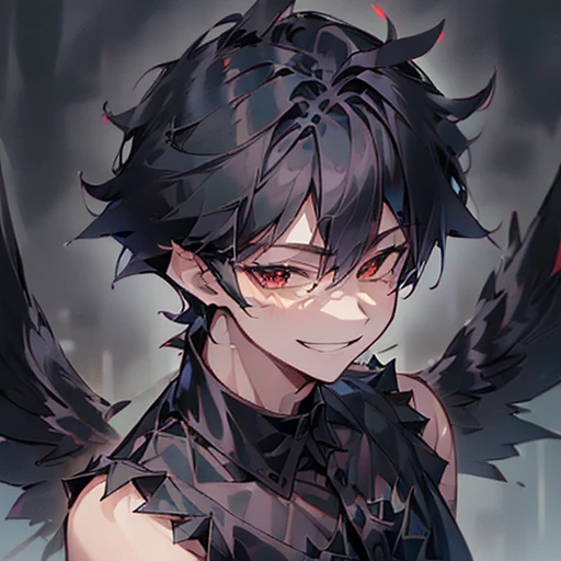 ((Upper body close-up,  stares at the viewer :1.2)), Solo Shot, ((1 Male:1.8)), Fallen Angel, (wicked smile:1.8), (( black hair:1.8)),  shorthair,  dark red eyes, Black clothes,  sleeveless,Rock type , black decoration , ((black angel's big feather wings)),  dark black, Jet Black, ((Crazy)), Dark Power, Dark sky background