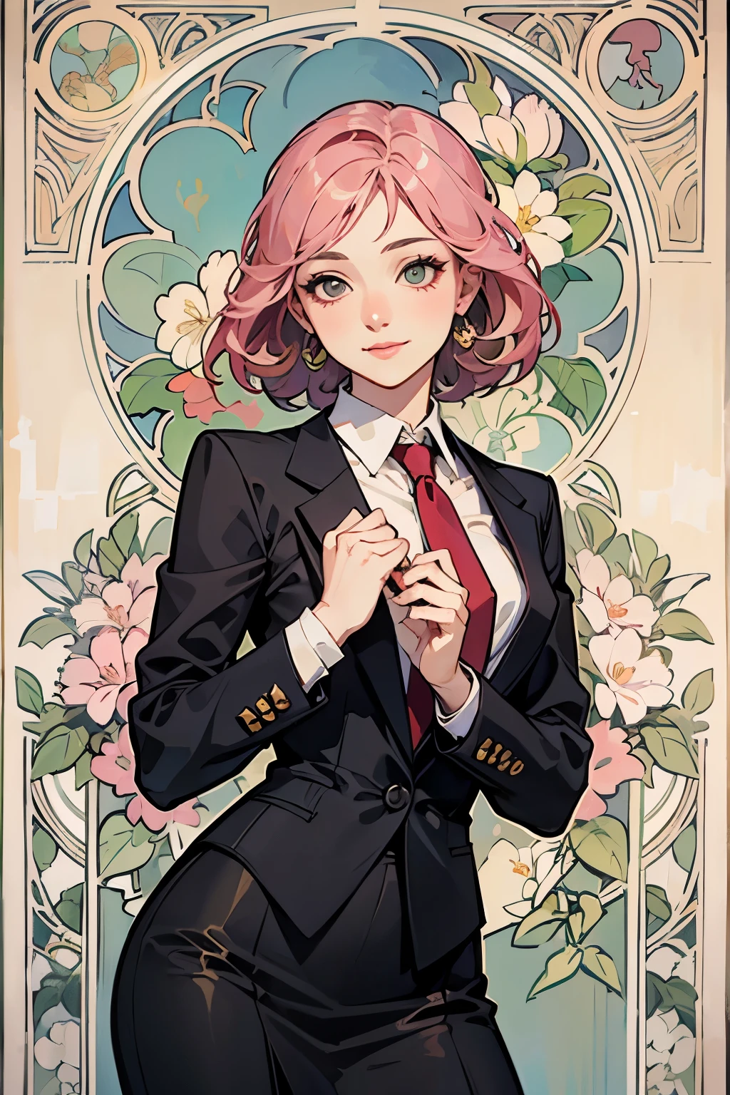 (highest quality:1.2), With art nouveau style, with touch like Alphonse Mucha, spring image, a 20-years-old girl is standing, graceful face,front view, a photorealistic cute girl, beautiful face,energish face, European face, noble face, large eyes, beautiful lip,closed mouth with smile, Short-cut pink hair, cowboy shot, wearing black business suits, wearing red tie, wearing black skirt.