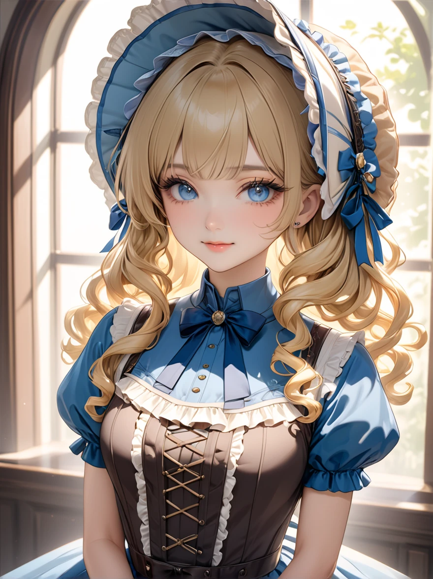Emilico is a young girl with long blonde hair, deep purple-blue eyes and pale skin. She wears a maid dress reminiscent of the Victorian style, with dark sleeves, white apron and skirt. She wears white drawers underneath and a sleeveless undershirt. Her hair is done in pigtails, that are held in place with big dark-blue bows. super detailed, best quality, ultra-detailed, high resolution, 1 girl, solo, long hair, blonde hair, hair bows, dark blue eyes, detailed eyes, blue dress, apron, smile, living room, mansion, looking at viewer, shame, blush, eleven years old --auto --s2