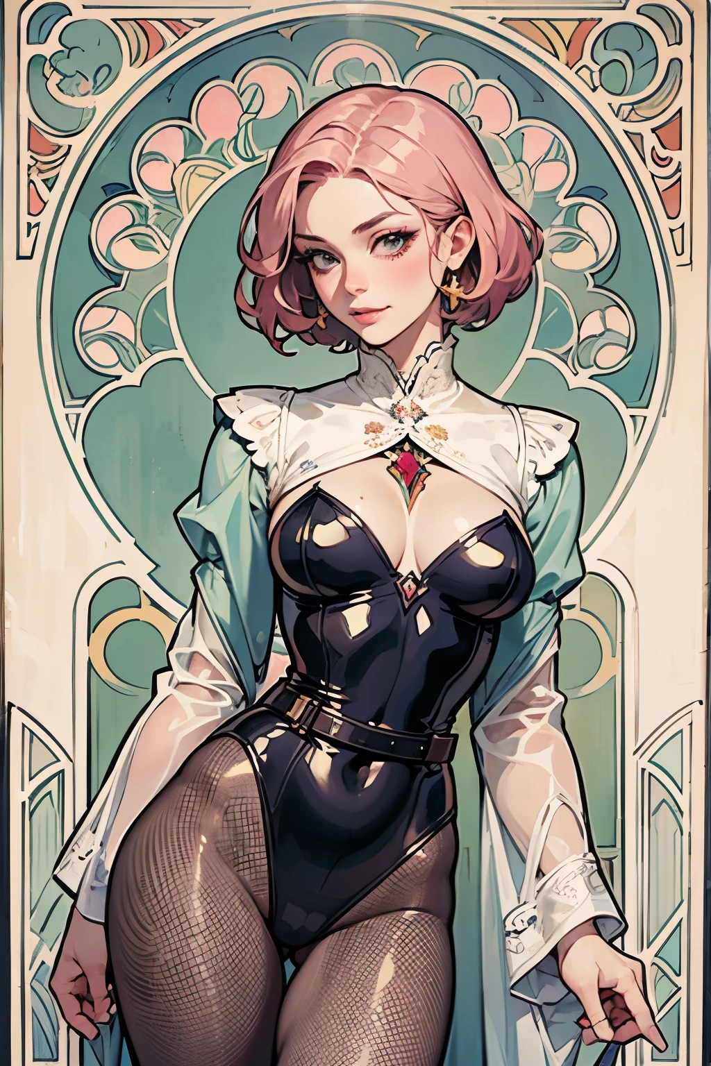 (highest quality:1.2), With art nouveau style, with touch like Alphonse Mucha, summer image, a 20-years-old girl is standing, evil face, front view, a photorealistic cute gymnast, beautiful face,energish face, European face, sadistic face, heavily make-up face, large eyes with eyeshadowed, beautiful bloody lip,closed mouth with cruel smile, Short-cut pink hair, cowboy shot, wearing black long-sleeved leotard, tight fitting shiny latex leotard, wearing red belt, wearing fishnet pantyhose. 