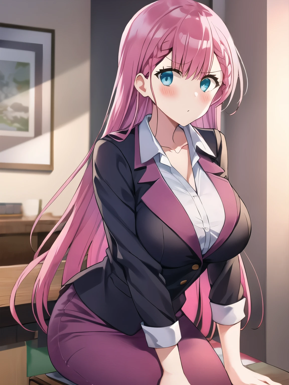 Top Quality Masterpiece, High Resolution Kirisu, Midwinter, Pink Hair, Blue Eyes, Beautiful Girl, Big Breasts Suit, Pencil Skirt, Black Shirt, Black Suit, Long Hair, Straight, Blushing Love, Melodeledere