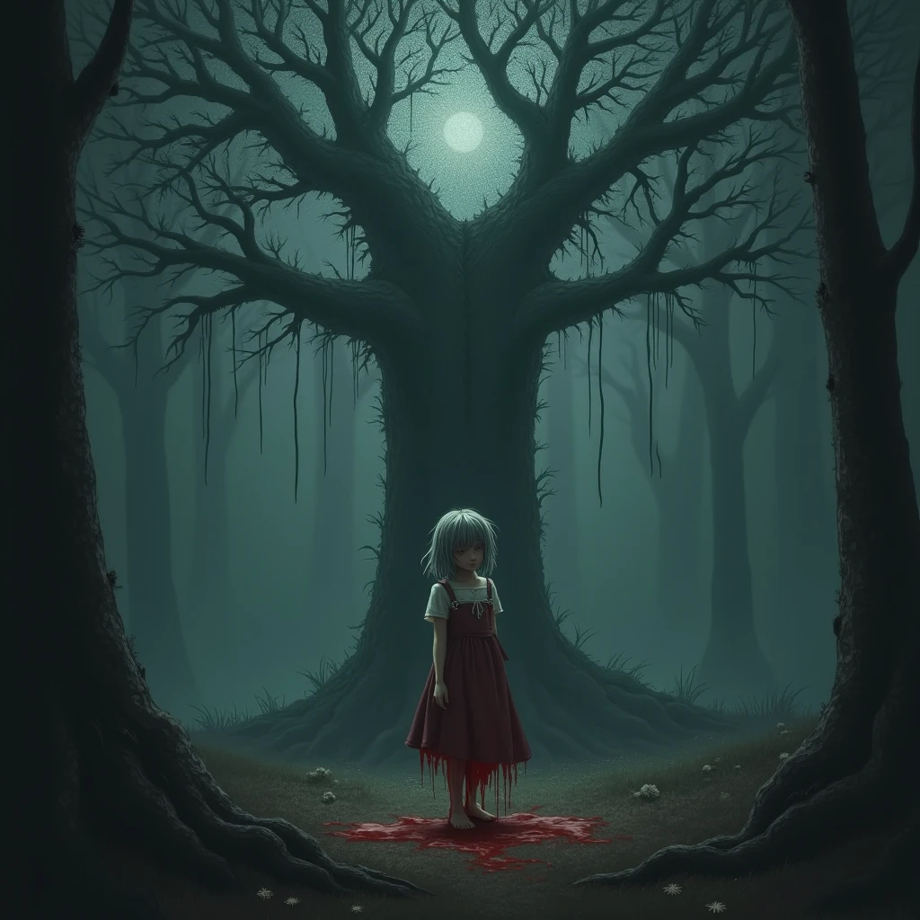 masterpiece, best quality, girl standing under the dead tree, black and red palette, eerie