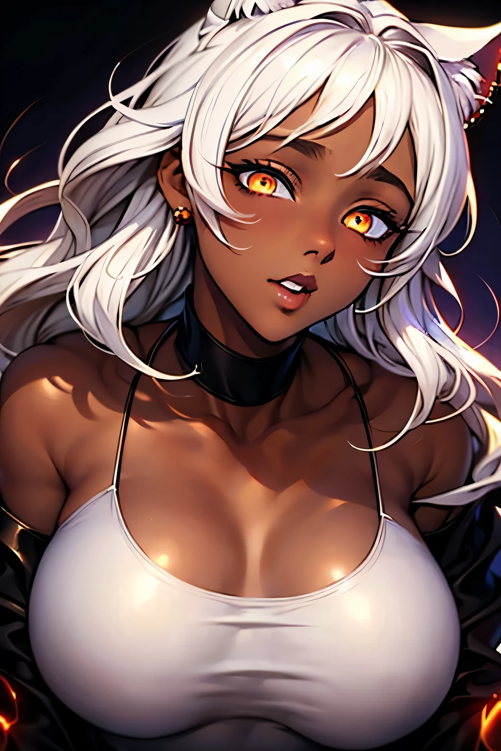 ((exceptional quality)), ((masterpiece)), (detailed), perfect face, perfect eyes, expressive eyes, long wavy white hair, white cat ears, fluffy white cat tail, super gigantic breasts, thick thighs, beautiful, detailed red eyes, bratty, blushing, lips parted slightly, lips curled into a smirk, smirking sexually, red lipstick, ebony, very dark brown skin, black girl, yandere, crazy eyes, red sparkly hoop heart shaped earrings, black choker around neck with gold charm, latex black bodysuit, subject facing forward, subject leaning forward slightly, subject clearly visible, subject facial features clearly visible, background blurry, high class, upper class status, standing, posing
