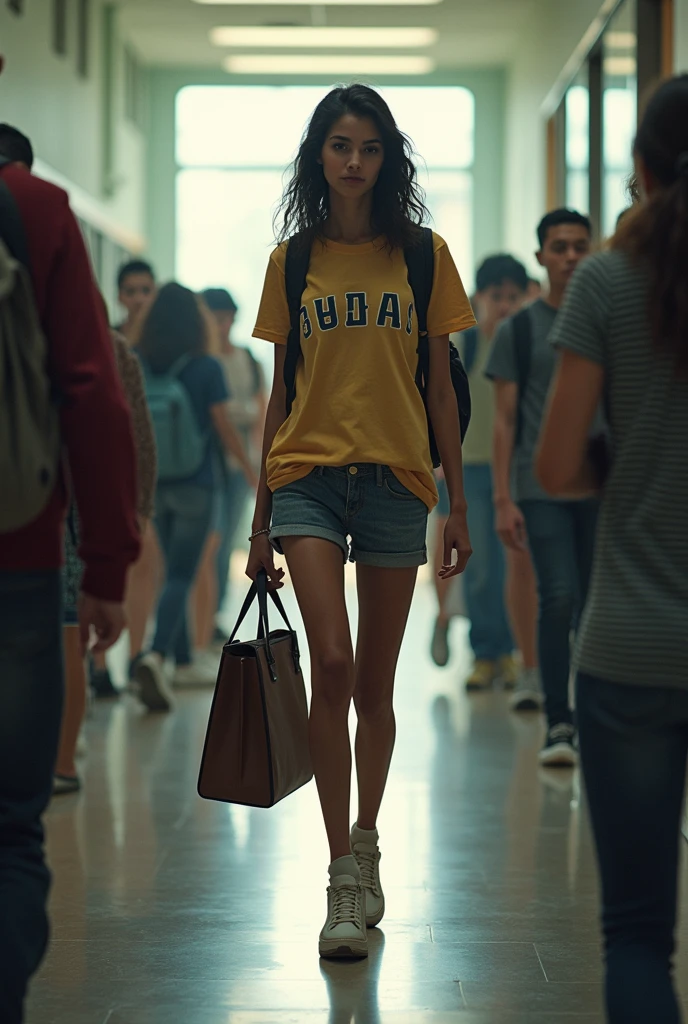 Huelva, Spain, 2002. ((((18-year-old)) Gema)), mixed race, standing in a hospital waiting room, takeout coffee, looking away, ((scared and worried expression)). ((((teen winter clothings from the 2000s)))), ((hairstyle of the 2000s))