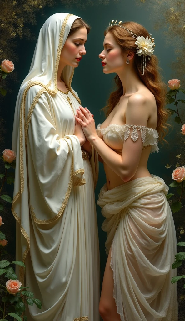 (masterpiece, best quality:1.5), oil painting by Leonardo da Vinci and Alfons Maria Mucha, perfect anatomy, two gorgeous and stunning pale-skinned young pregnant goddesses is deeply in love with each other, kiss, fantastic make-up, jewelry, flower