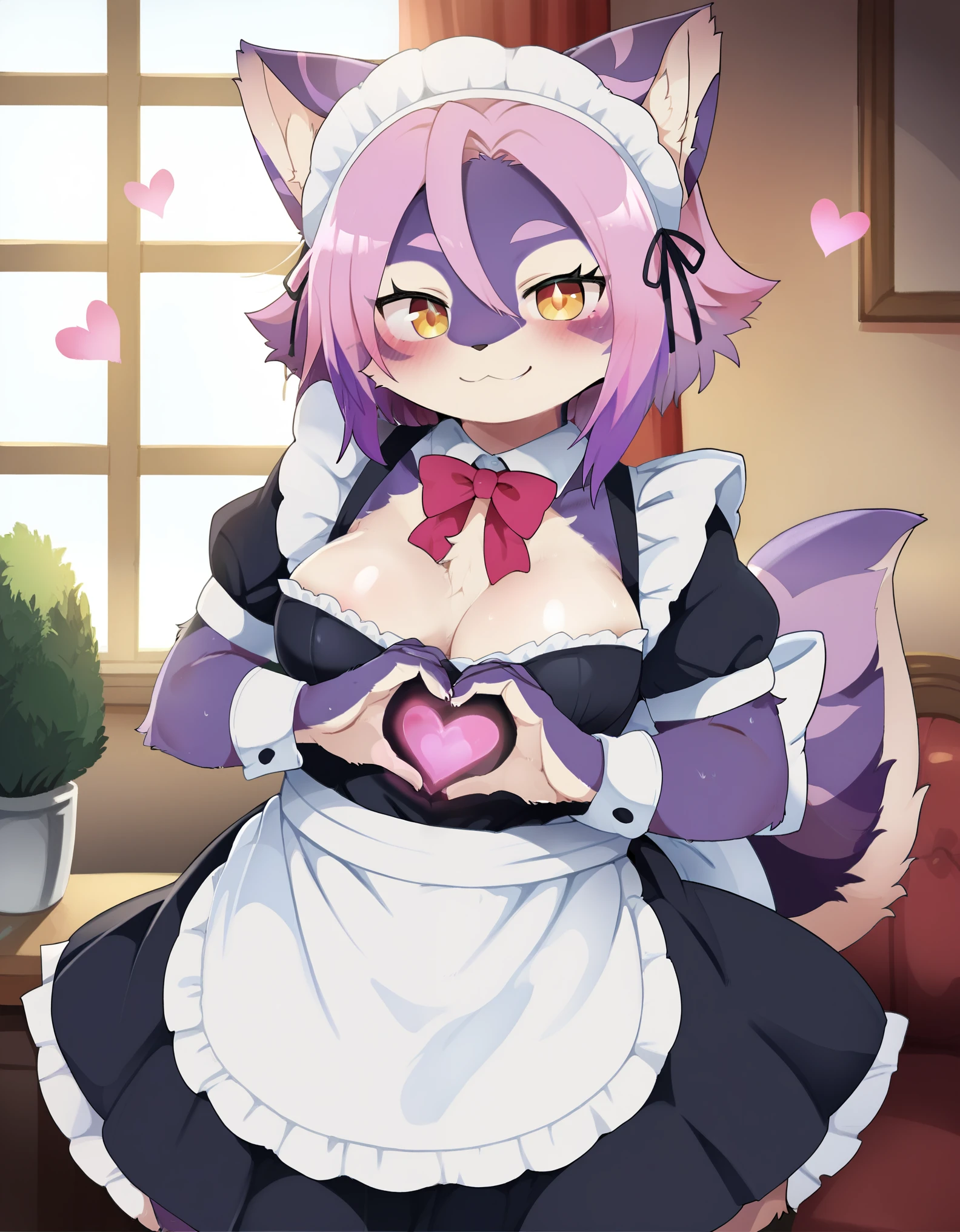 Dagashi_(Daga2626), score_9, score_8_up, score_7_up, rating_ safe,  masterpiece, best quality, high resolution, absurdres, solo, 1girl, Dagashi_(Daga2626), furry, breasts, looking_at_viewer, purple_fur, maid, maid_headdress, heart_hands, smile