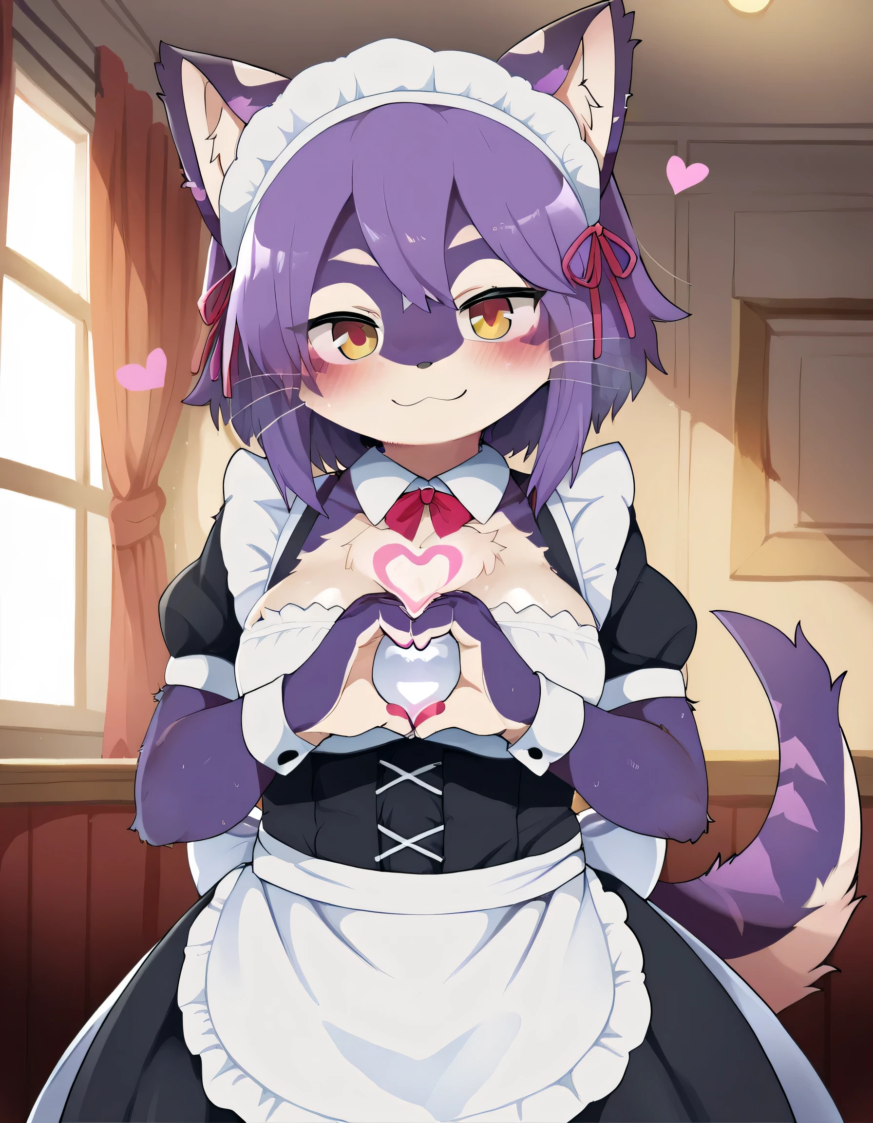 Dagashi_(Daga2626), score_9, score_8_up, score_7_up, rating_ safe,  masterpiece, best quality, high resolution, absurdres, solo, 1girl, Dagashi_(Daga2626), furry, breasts, looking_at_viewer, purple_fur, maid, maid_headdress, heart_hands, smile