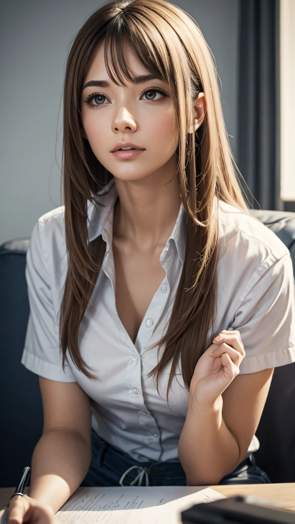 masterpiece, best quality, ultra-detailed, intricately detailed hyperdetailed, realistic, sharp features, highly detailed, sharp focus, Realistic, Photorealistic:1.3, (19 years old:1.3), perfect face, perfect symmetrically eyes, perfect full lips, hyper detailed, hyper realistic, high resolution, Fashion Model, Japanese Idol, (seductive smile), Slender, brown hair, Stylish, Beautiful Face, light brown hair, messy hair, Beautiful hairstyle, (white dress shirt:1.3), (black panties), (kneeling), Bed, (looking at viewer), upper body, (high angle shot), cinematic lighting, blurred background, (from below, white ceiling, thigh focus:1.2), (straddling1.1),