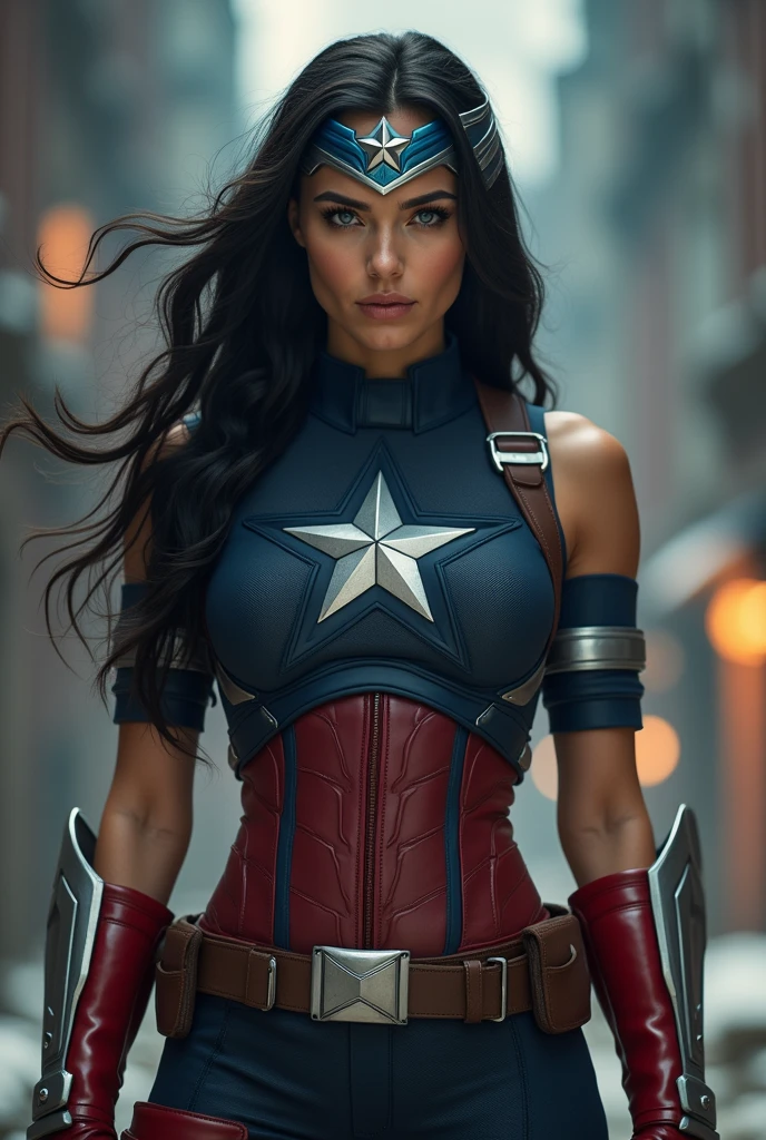 a beautiful woman in a Captain America costume, showing cleavage, slender abs, and big thighs, on a cinematic battlefield, (best quality,4k,8k,highres,masterpiece:1.2),ultra-detailed,(realistic,photorealistic,photo-realistic:1.37),extremely detailed eyes and face,longeyelashes,beautiful detailed eyes,beautiful detailed lips,cinematic lighting,cinematic composition,dramatic sky,epic scale,highly detailed armor,vibrant colors
