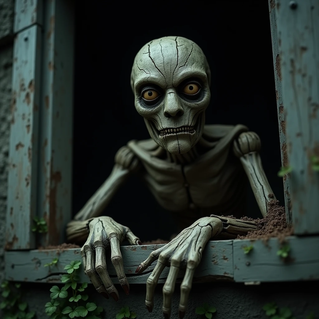 A creepy wooden man looks through the window