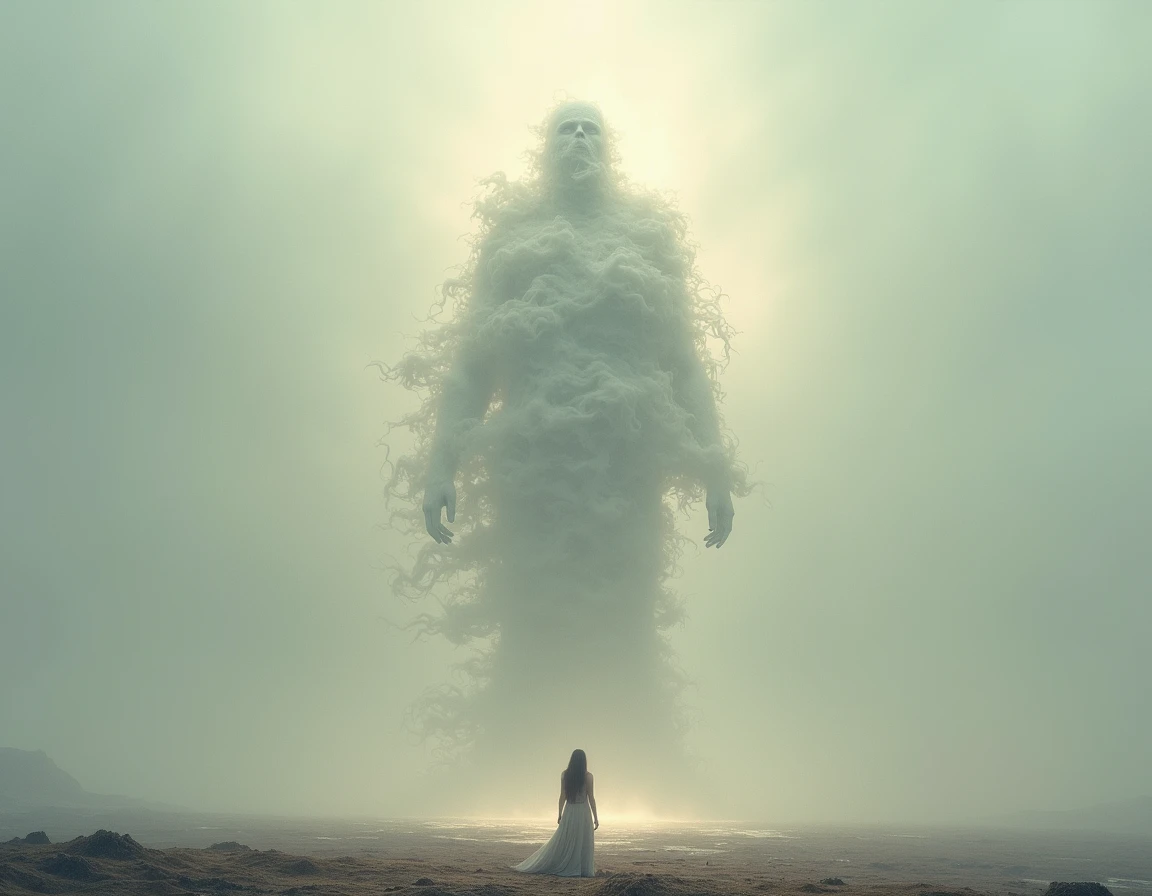 A gigantic woman behind a mountain