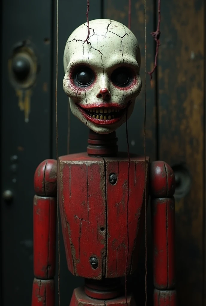 A red wooden puppet with a smirking cracked porcelain face, large dark sunken eyes, red lips and cheeks, bloodborne art style