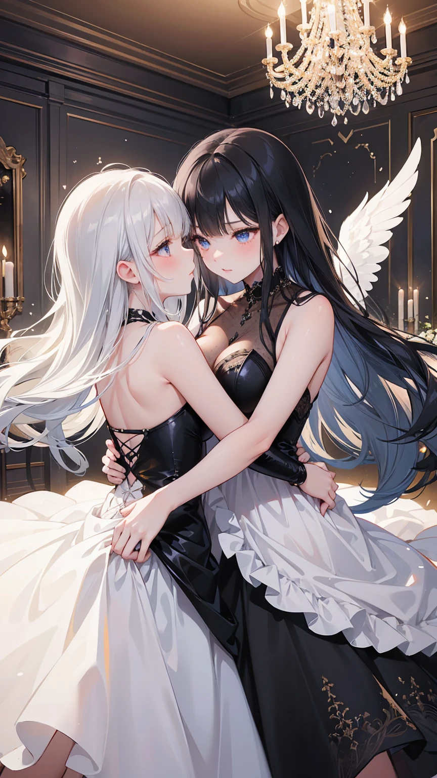 Highest quality,Highest Resolution,A beautiful black-haired girl with beautiful eyes in a maid leotard and a beautiful purple-haired girl with beautiful red eyes in a gothic lolita leotard are having sex in the cowgirl position.,kiss,saliva,(((Halo))),Tears,