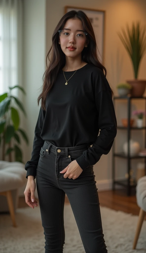 arafed woman with glasses and a smile on a cell phone, 25 years old, wearing jeans and sneakers with a long sleeve tshirt,  slight nerdy smile, short, diminutive, nerdy, cute, petite, miranda meeks-emily ratajkowski-aleksandra waliszewska-magdalena radziej-aubrey powell-sophie mudd merged, entire body visible, full body, hyperrealistic, best quality, 8K, real human skin, masterpiece, extremely intricate, medium closeup, detailed eyes, detailed face, detailed body, exaggerated features, pronounced features