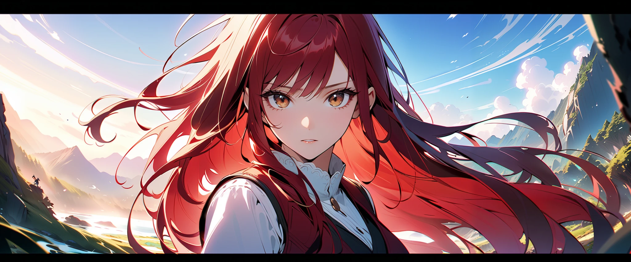 Anime girl with red hair and a white shirt looking at the camera ...