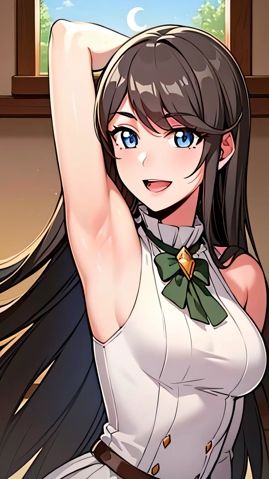 quality, masterpiece, highly detailed, 8k, masterpiece, tilly wimbledon, sleeveless, 1girl, smile, open mouth, blush, detailed face, detailed eyes, medium breast, blue eyes, top of mountain, night, moon, ((armpit)), 