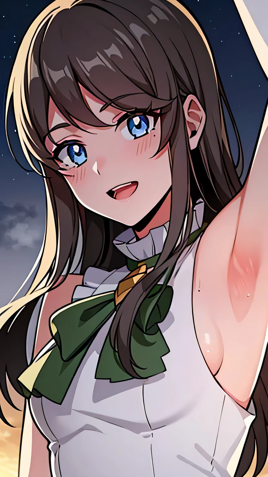 quality, masterpiece, highly detailed, 8k, masterpiece, tilly wimbledon, sleeveless, 1girl, smile, open mouth, blush, detailed face, detailed eyes, medium breast, blue eyes, top of mountain, night, moon, ((armpit)),  sweaty armpit