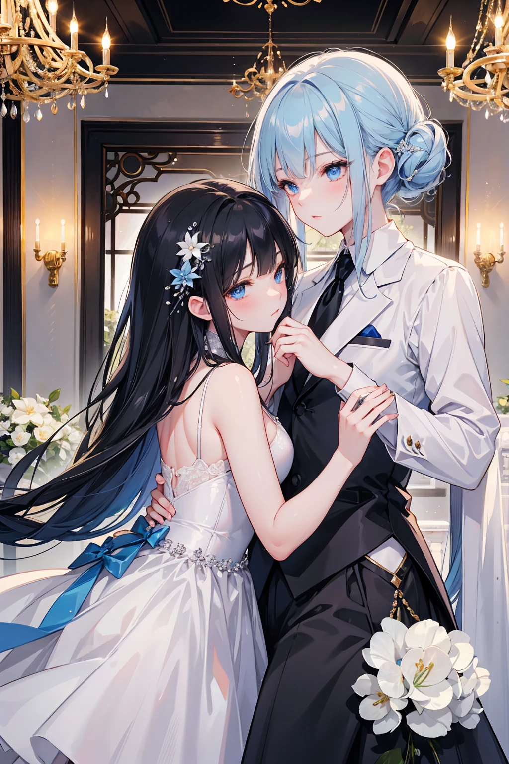 2girls, girl1:(white hair, short hair, blue eyes, shy, blush, small ), girl2:(black hair, black eyes, long hair, unhappy, ), wedding dresses, ballroom, masterpiece, beautiful face, detailed eyes, clean fingers, standing upright, detailed background, full body, standing upright