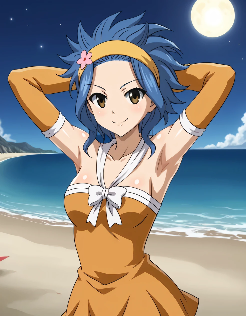 levy mcgarden, brown eyes, blue hair, short hair, sidelocks, hair ornament, dress, bare shoulders, collarbone, flower, detached sleeves, hair flower, strapless, headband, short dress, strapless dress, orange dress, shiny skin, high quality, closed mouth, arms behind head, looking at viewer, smile, solo, (contrapposto), spread armpits, cowboy shot, night sky, beach, best quality