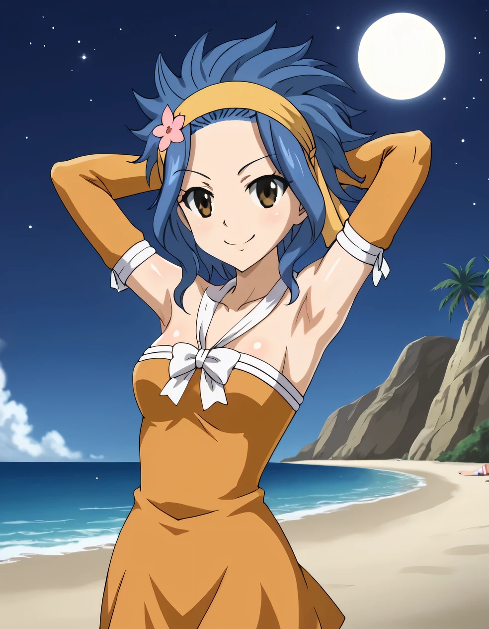 levy mcgarden, brown eyes, blue hair, short hair, sidelocks, hair ornament, dress, bare shoulders, collarbone, flower, detached sleeves, hair flower, strapless, headband, short dress, strapless dress, orange dress, shiny skin, high quality, closed mouth, arms behind head, looking at viewer, smile, solo, (contrapposto), spread armpits, cowboy shot, night sky, beach, best quality