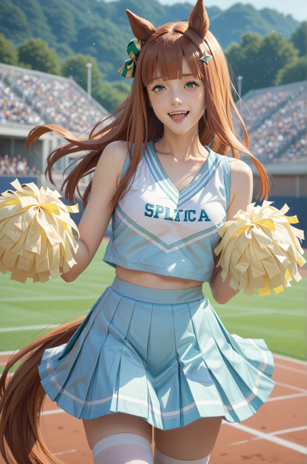 1 girl, solo, silence suzuka \(umamusume\), cheerleader, pom pom \(cheerleading\), pleated skirt, best quality, laugh, good anatomy, masterpiece, dynamic pose