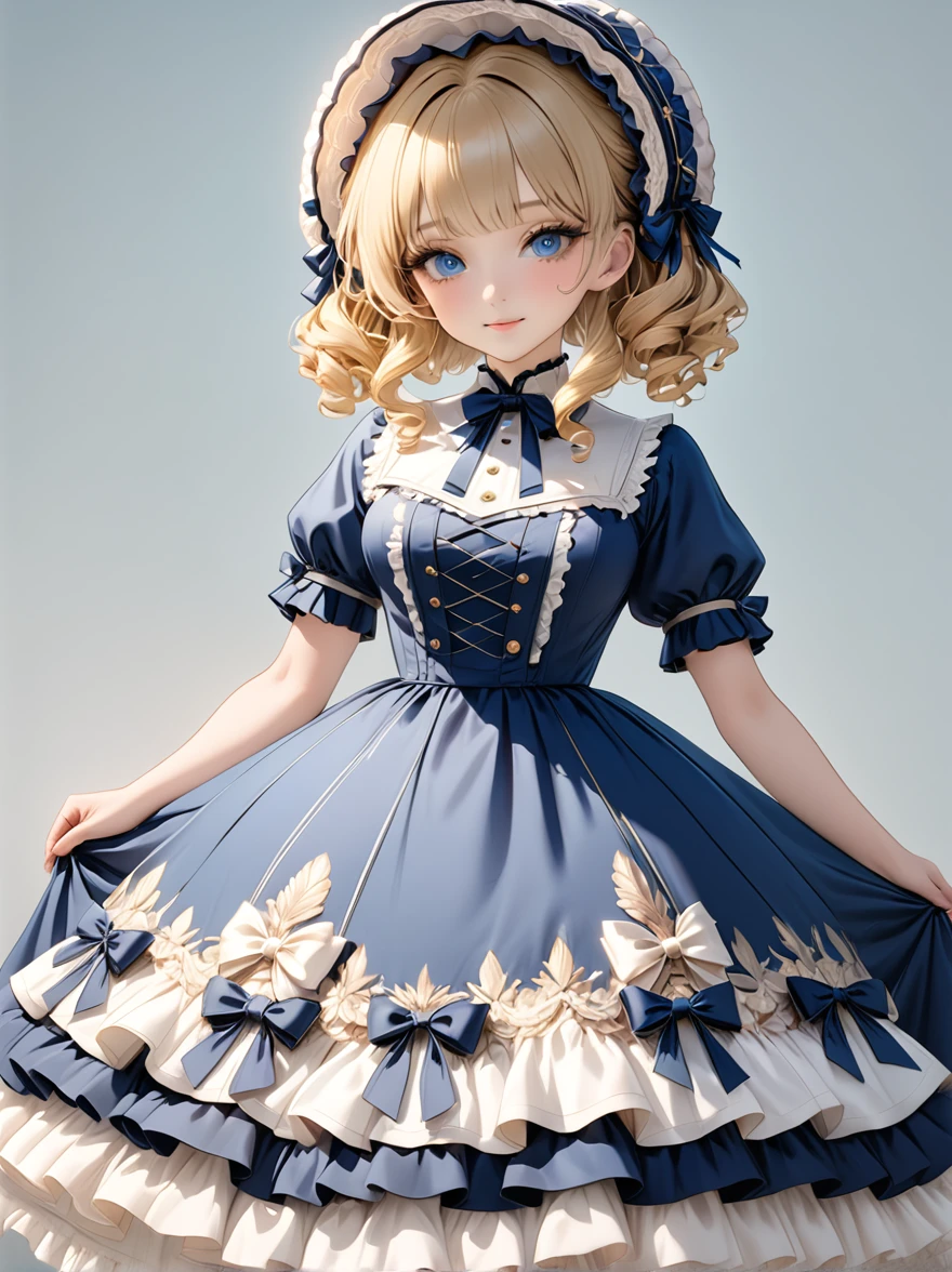 Full body shot 、Blonde hair,sidecurls,curls,blue eyes,long eyelashes,light blue チェック柄 victorian dress,puffy short sleeves,frilled dress,collared dress,frilly wide brimmed Bonnet with bows,Fringe bangs  ,bustshot,masterpiece,highress,soft smile,bishoujo