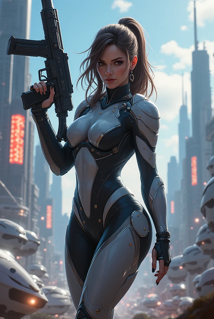 ((highest quality)),(ultra high resolution),(Super detailed),(detailed description),((best CG)),(best work of art),super precision art,amazing drawing art,(Sci-fi art with precise details:1.5), (female cyborg:1.7),(beautiful and well-shaped face:1.6),(A detailed mechanical catsuit:1.6),((She is hugging a large sci-fi rifle:1.8))